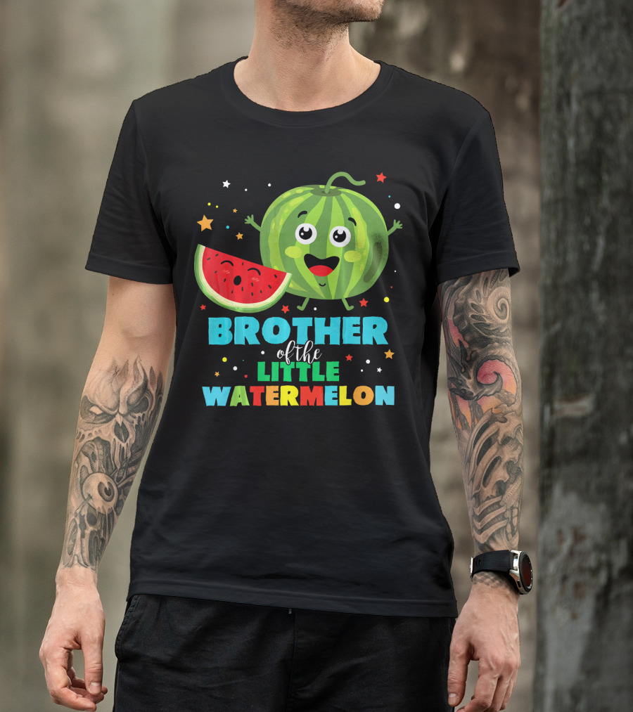 Brother Of The Little Watermelon Happy Cartoon Character With Slice And Stars T-Shirt