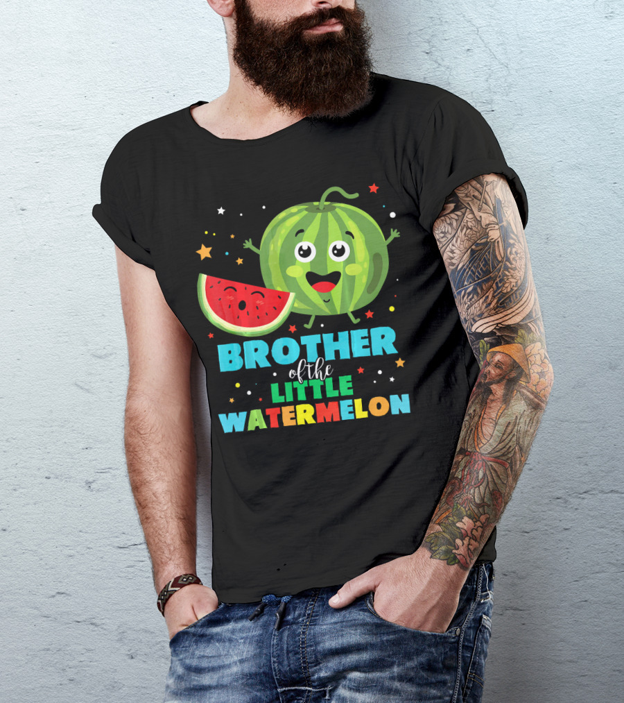 Brother Of The Little Watermelon Happy Cartoon Character With Slice And Stars T-Shirt