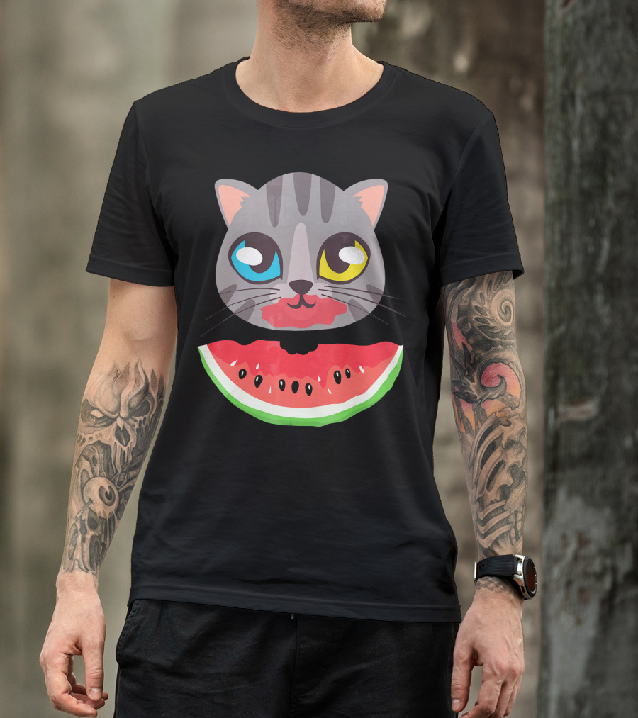 Watermelon Cat Funny Cat With Dual-Colored Eyes And Watermelon Slice T-Shirt