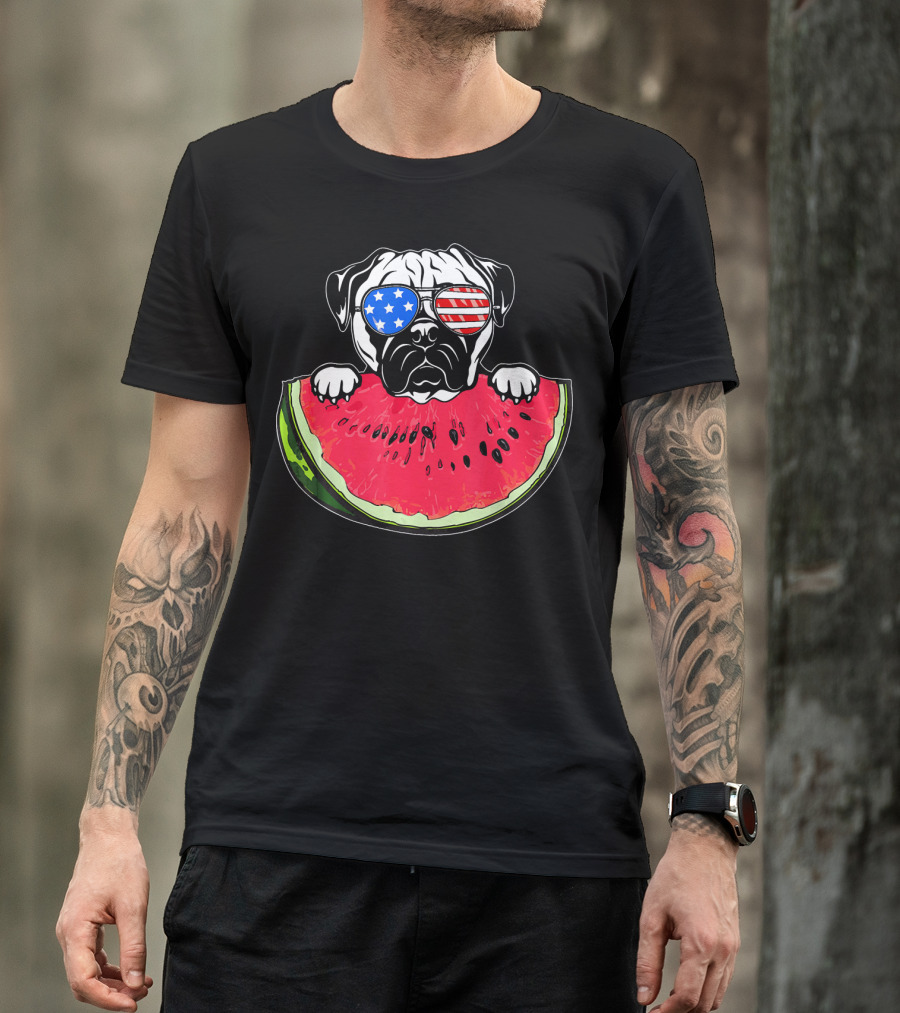 Funny Watermelon Day Pug American Flag Glasses T-Shirt