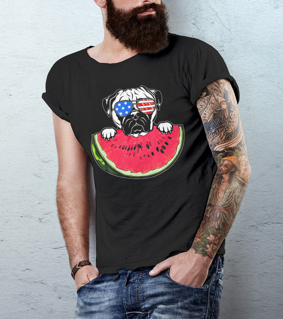 Funny Watermelon Day Pug American Flag Glasses T-Shirt