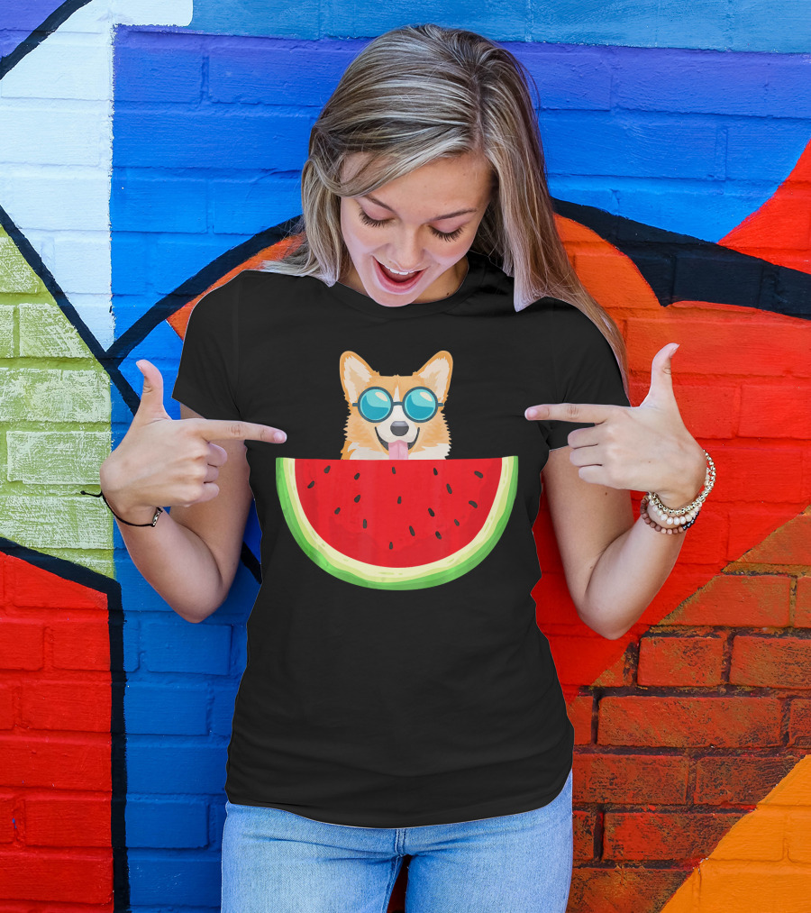 Corgi With Sunglasses And Watermelon Slice Womens T-Shirt