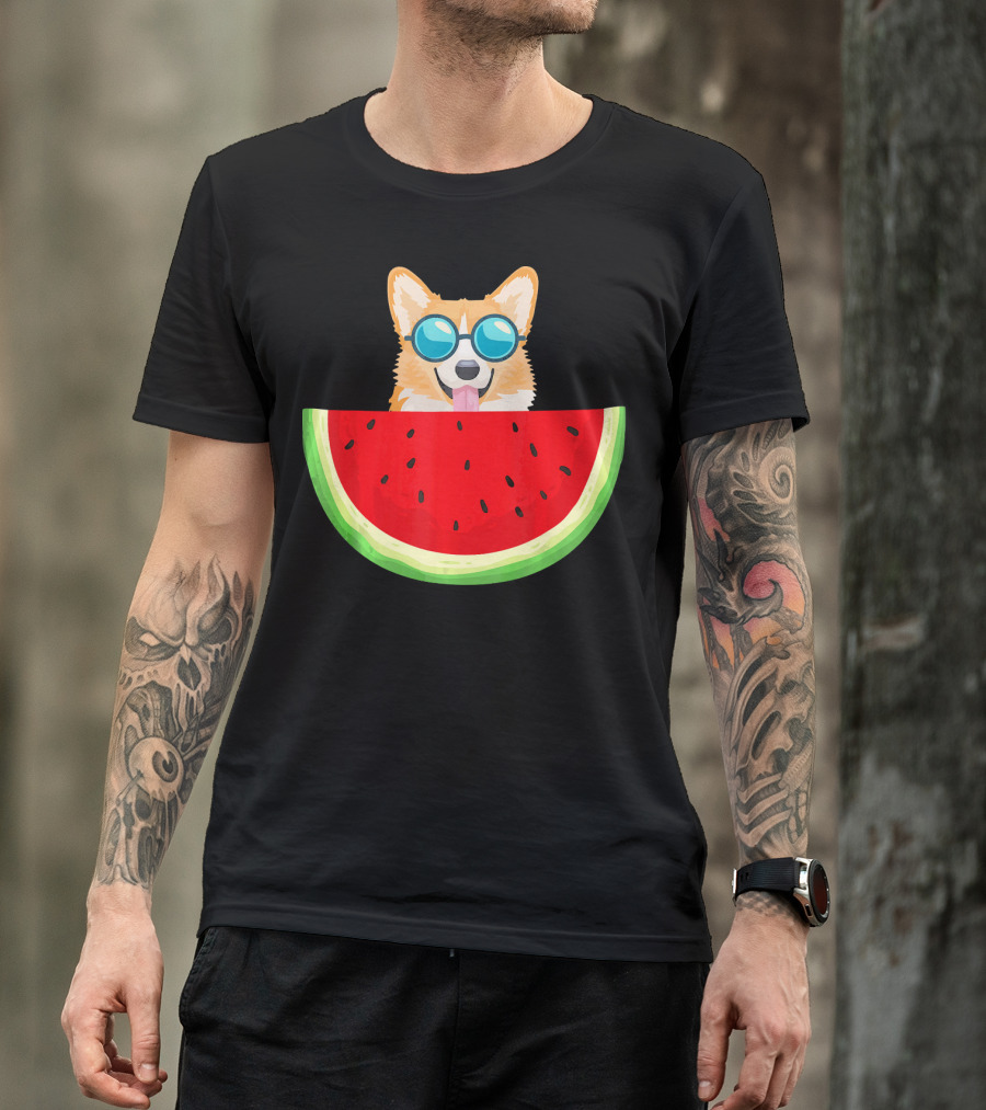 Corgi With Sunglasses And Watermelon Slice Womens T-Shirt