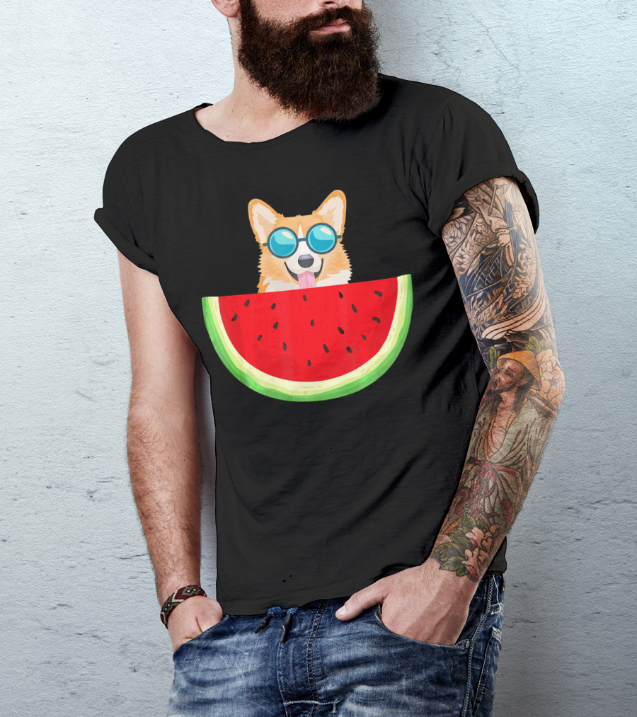Corgi With Sunglasses And Watermelon Slice Womens T-Shirt