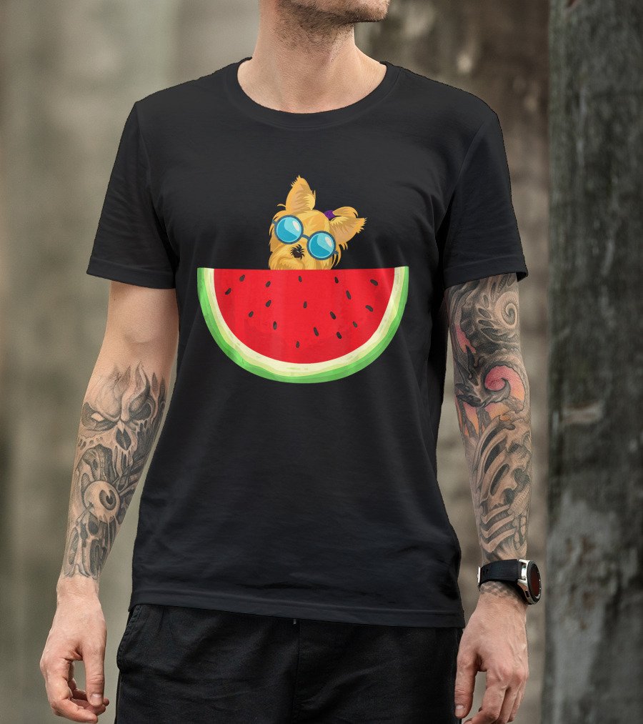 Yorkie Dog With Sunglasses And Watermelon Slice T-Shirt