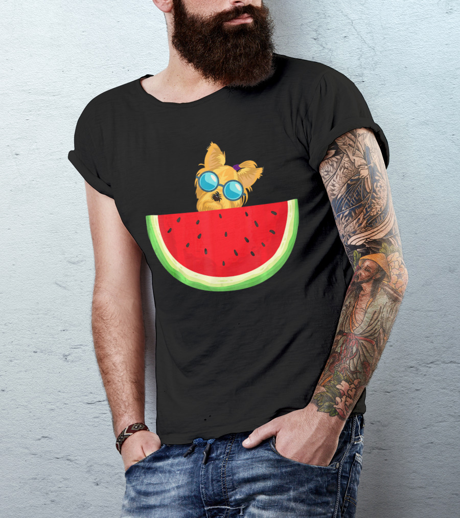 Yorkie Dog With Sunglasses And Watermelon Slice T-Shirt