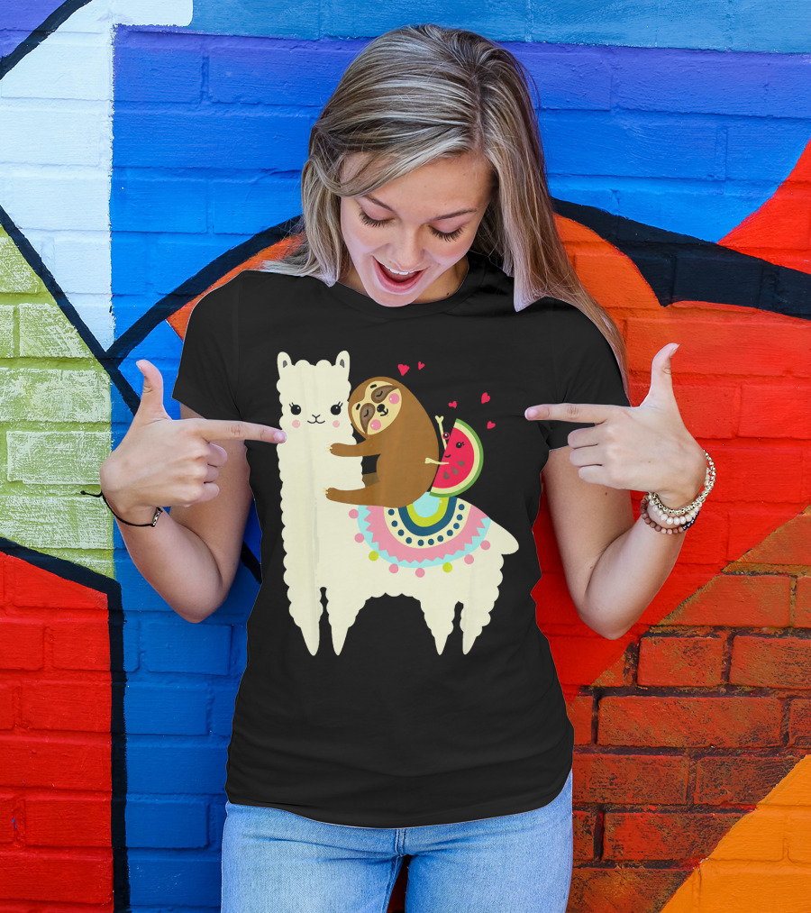 Sloth Hugging Watermelon With Hearts On Colorful Llama T-Shirt