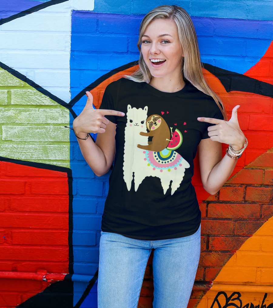Sloth Hugging Watermelon With Hearts On Colorful Llama T-Shirt