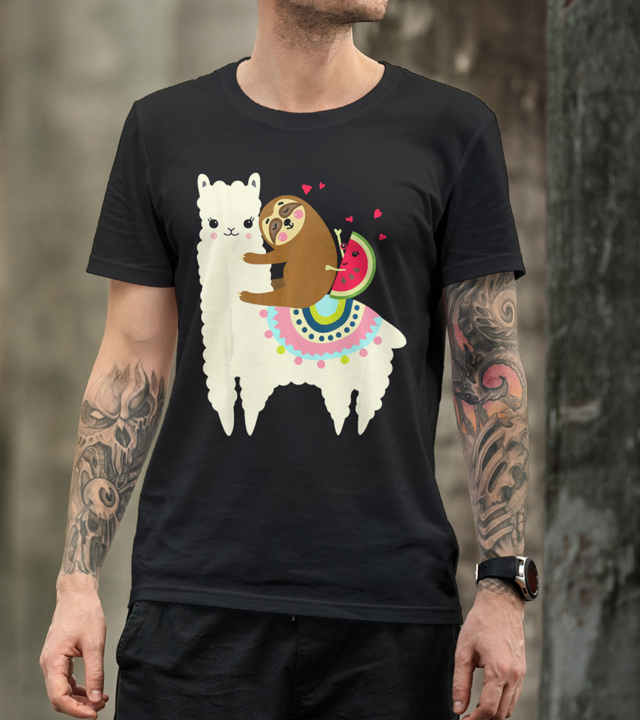 Sloth Hugging Watermelon With Hearts On Colorful Llama T-Shirt