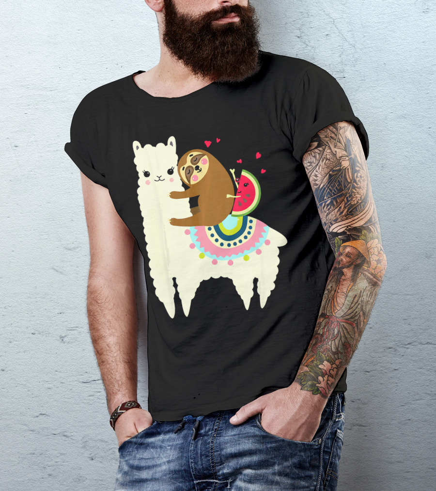 Sloth Hugging Watermelon With Hearts On Colorful Llama T-Shirt
