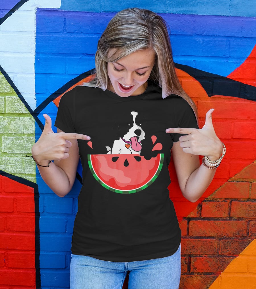 Shih Tzu Sitting In Watermelon Slice With Heart Collar Summer Fun T-Shirt