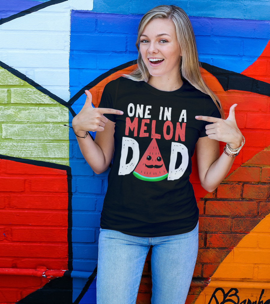 One In A Melon Dad Funny Watermelon Mustache Smiling Block Letters T-Shirt