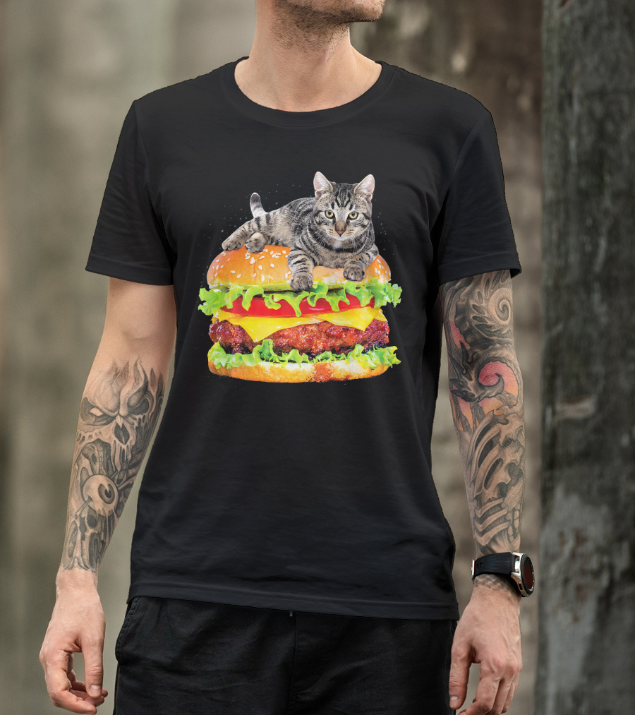 Funny Space Cat On Giant Hamburger T-Shirt