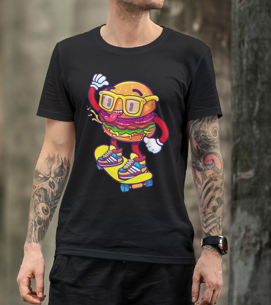 Skateboarding Cheeseburger Cartoon With Glasses And Sneakers T-Shirt