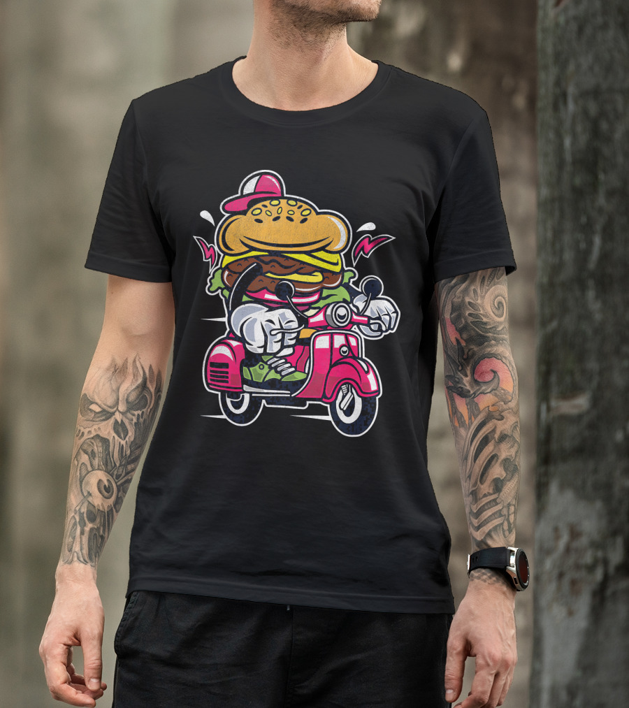 Vintage Scooter Burger Cartoon Rider T-Shirt