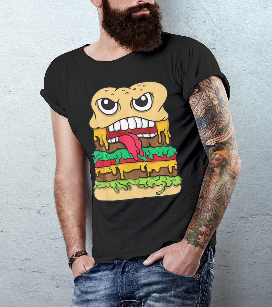 Burger Hamburger Cheeseburger Face With Tongue Out Lettuce And Cheese Layers T-Shirt