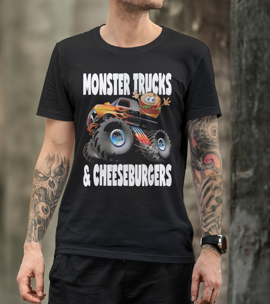 Monster Trucks And Cheeseburgers With Cartoon Cheeseburger Driver T-Shirt