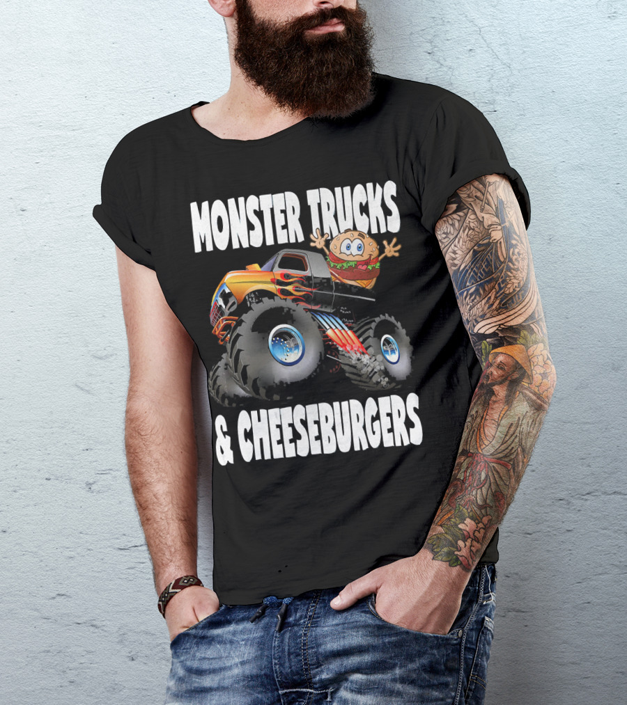 Monster Trucks And Cheeseburgers With Cartoon Cheeseburger Driver T-Shirt