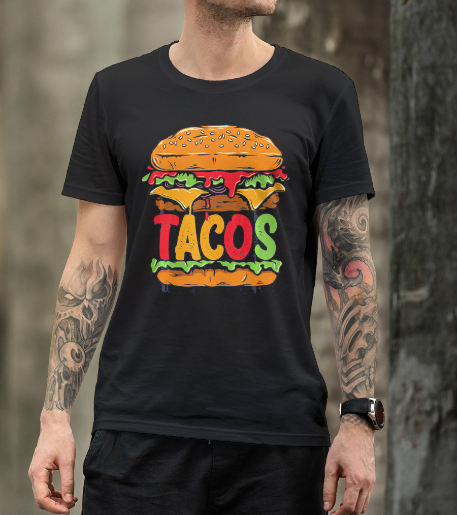 Tacurger Burger Mexican Tortilla Tacos Bold Colorful Lettuce Cheese Combo T-Shirt