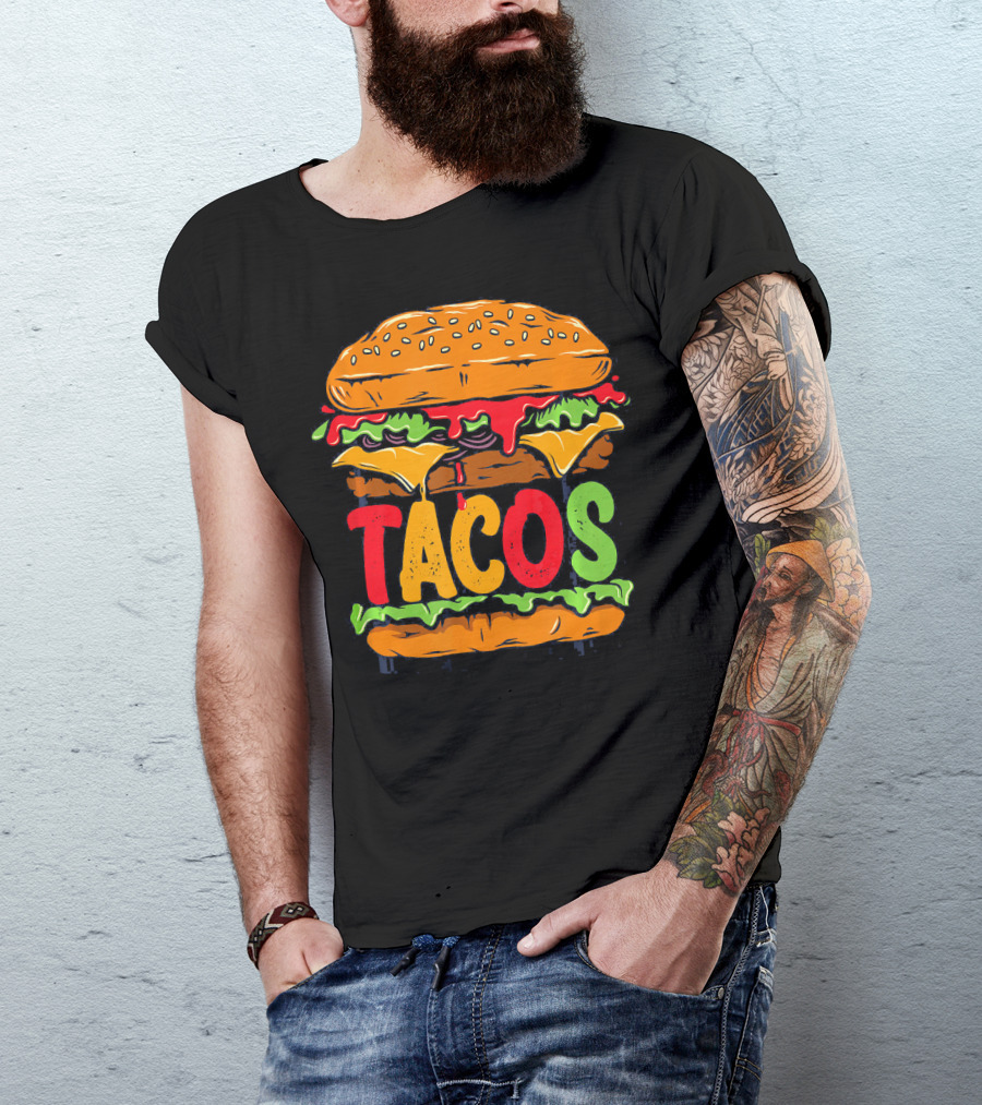 Tacurger Burger Mexican Tortilla Tacos Bold Colorful Lettuce Cheese Combo T-Shirt