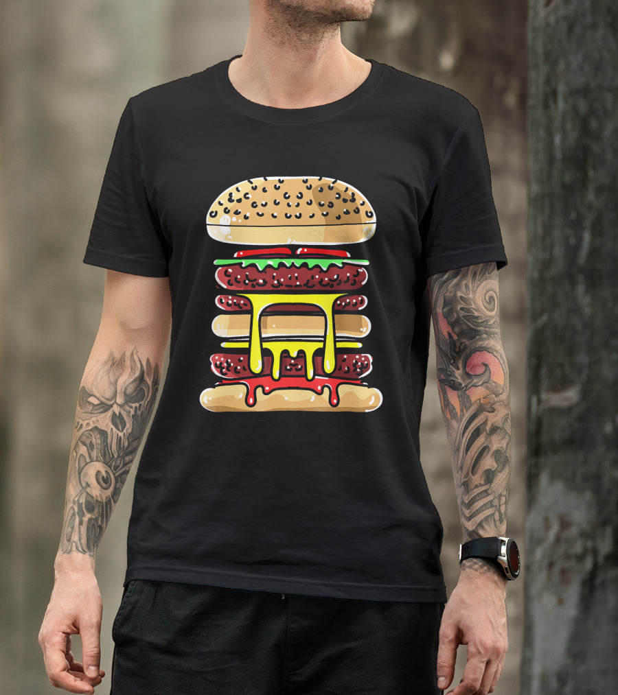 Hamburger Cheeseburger Layered Dripping Fast Food Comic T-Shirt