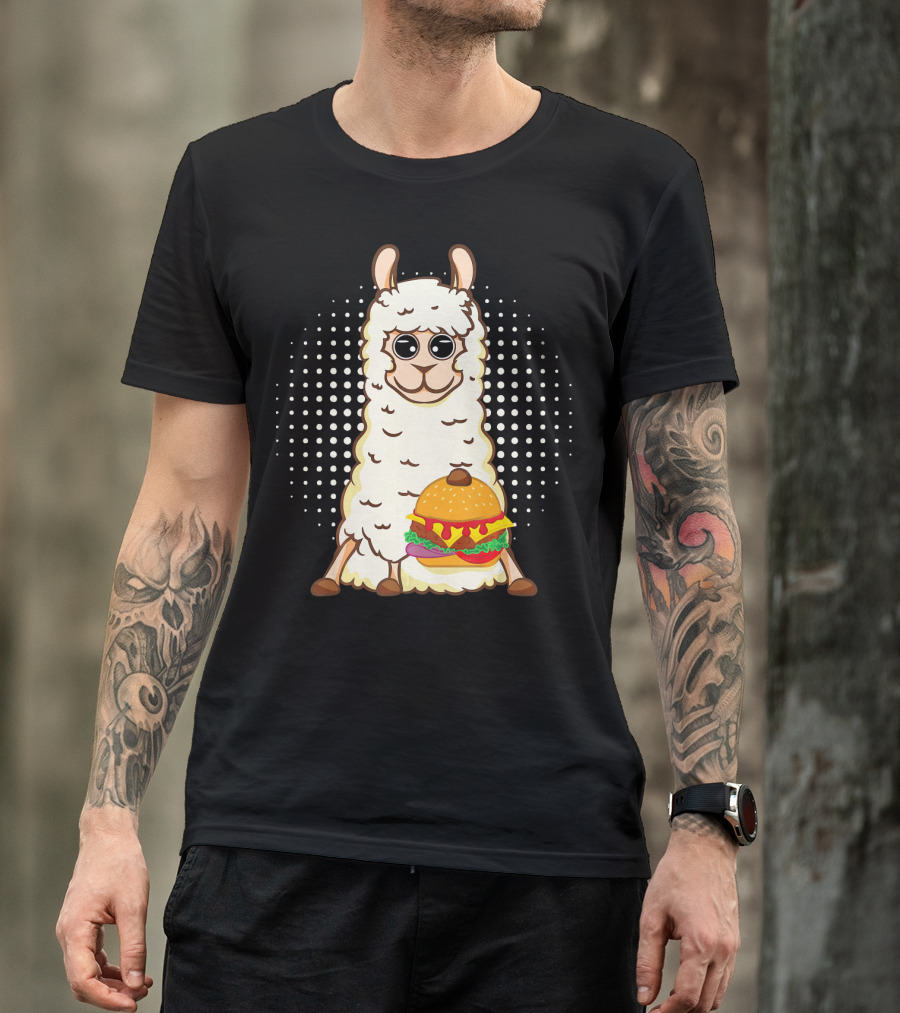 Llama Surprise Funny Sitting With Giant Burger T-Shirt
