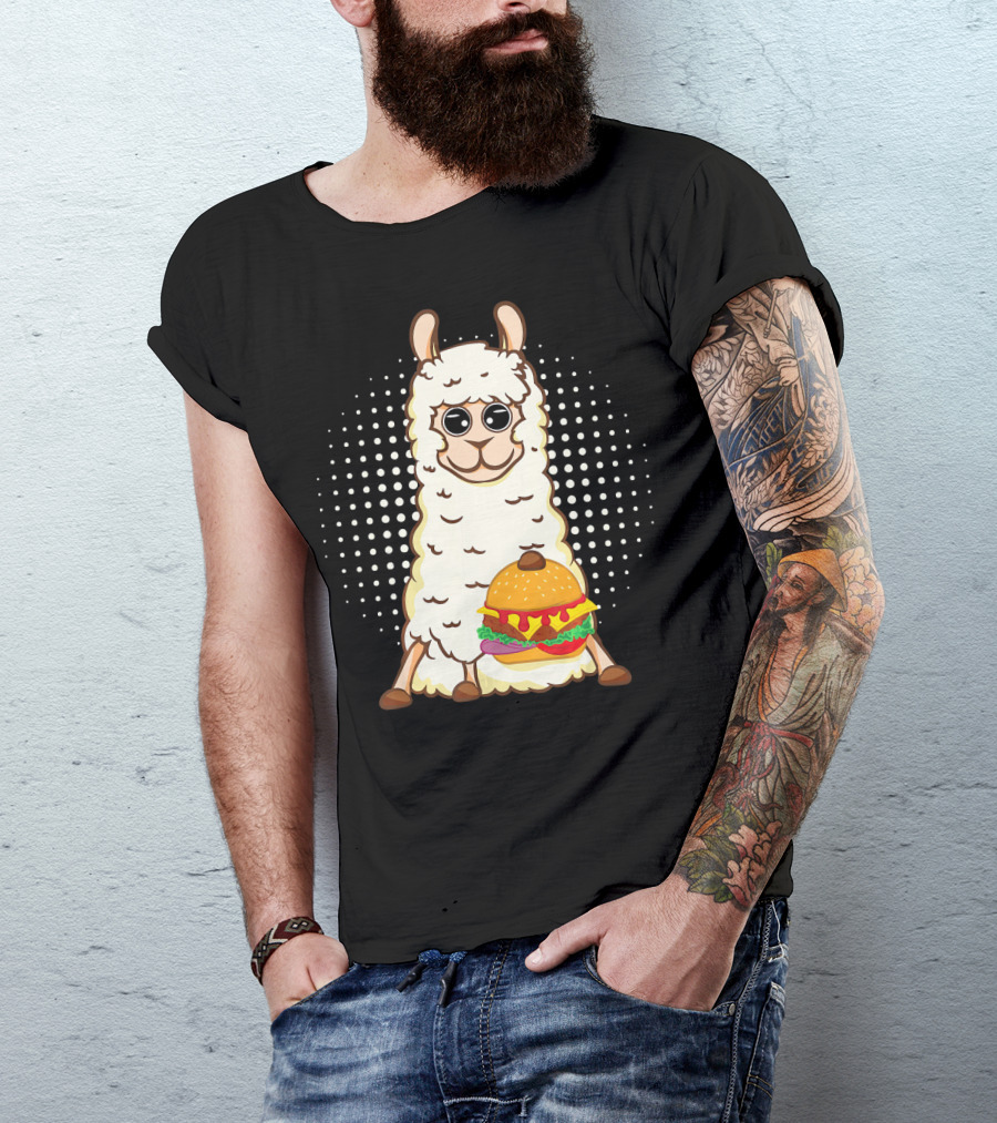 Llama Surprise Funny Sitting With Giant Burger T-Shirt