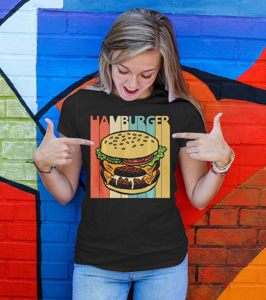 Vintage Retro Hamburger Rainbow Stripe Background T-Shirt