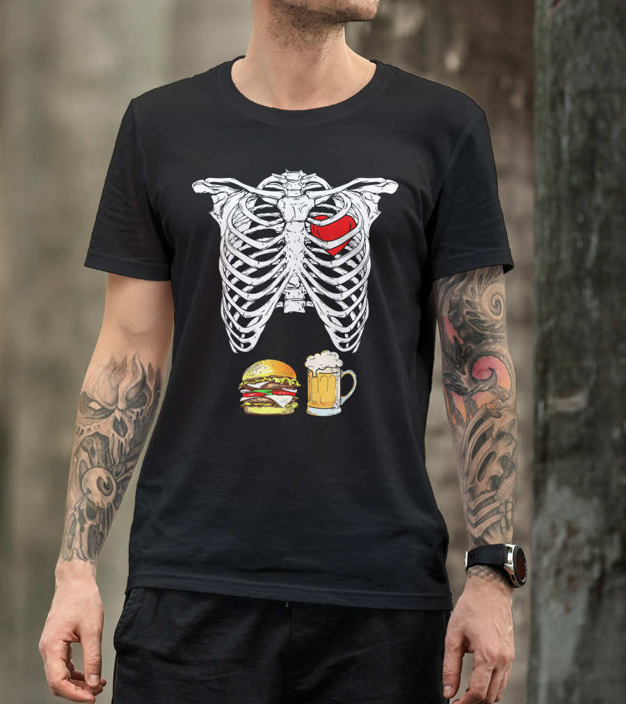 Ribcage Xray Skeleton With Heart Burger And Beer T-Shirt