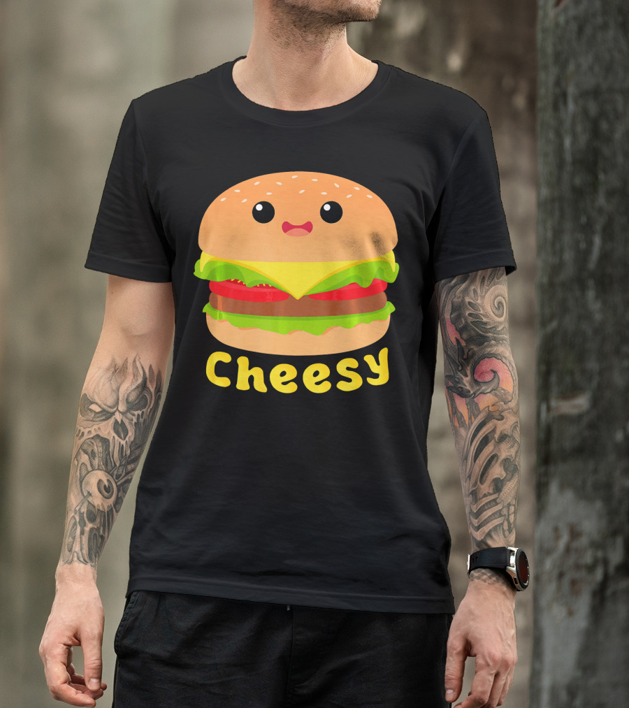 Cheesy Cute Funny Cheese Burger Food Pun Adorable Smiling Burger T-Shirt