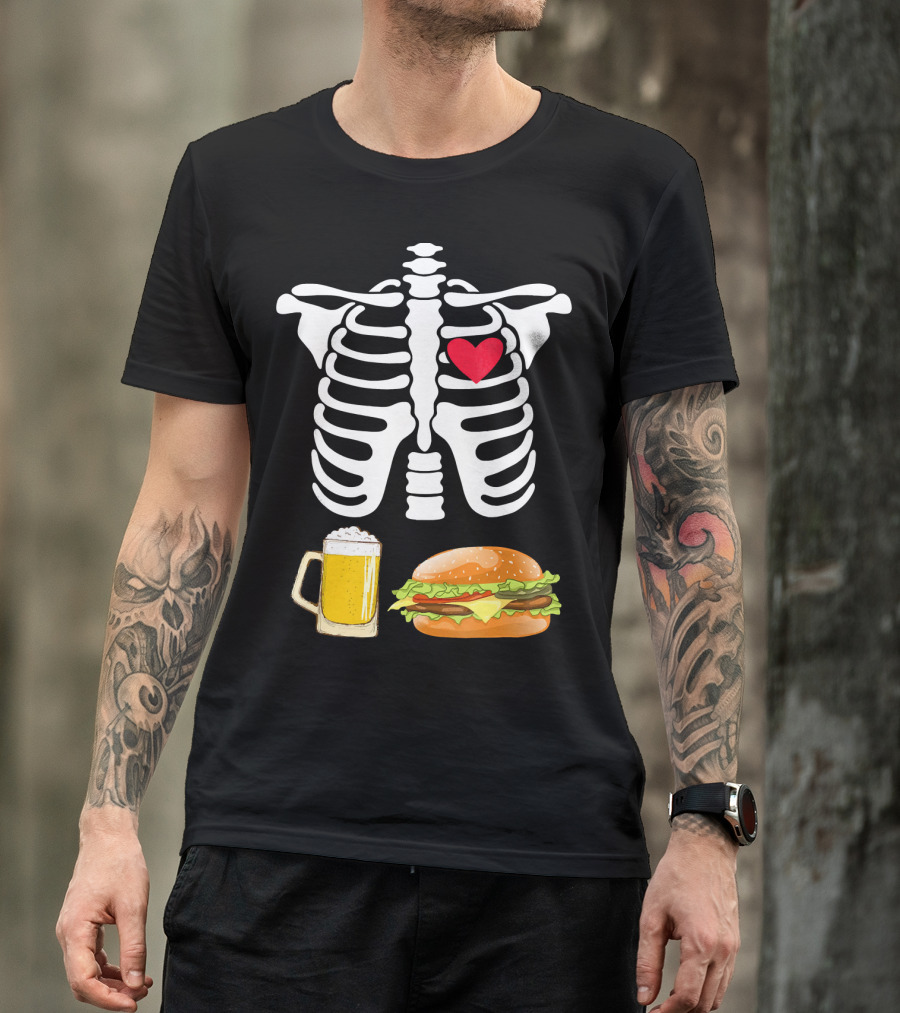Beer And Burger Heart Ribcage Skeleton T-Shirt