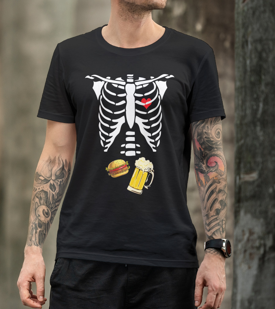 Beer Hamburger Skeleton Ribcage Heart T-Shirt