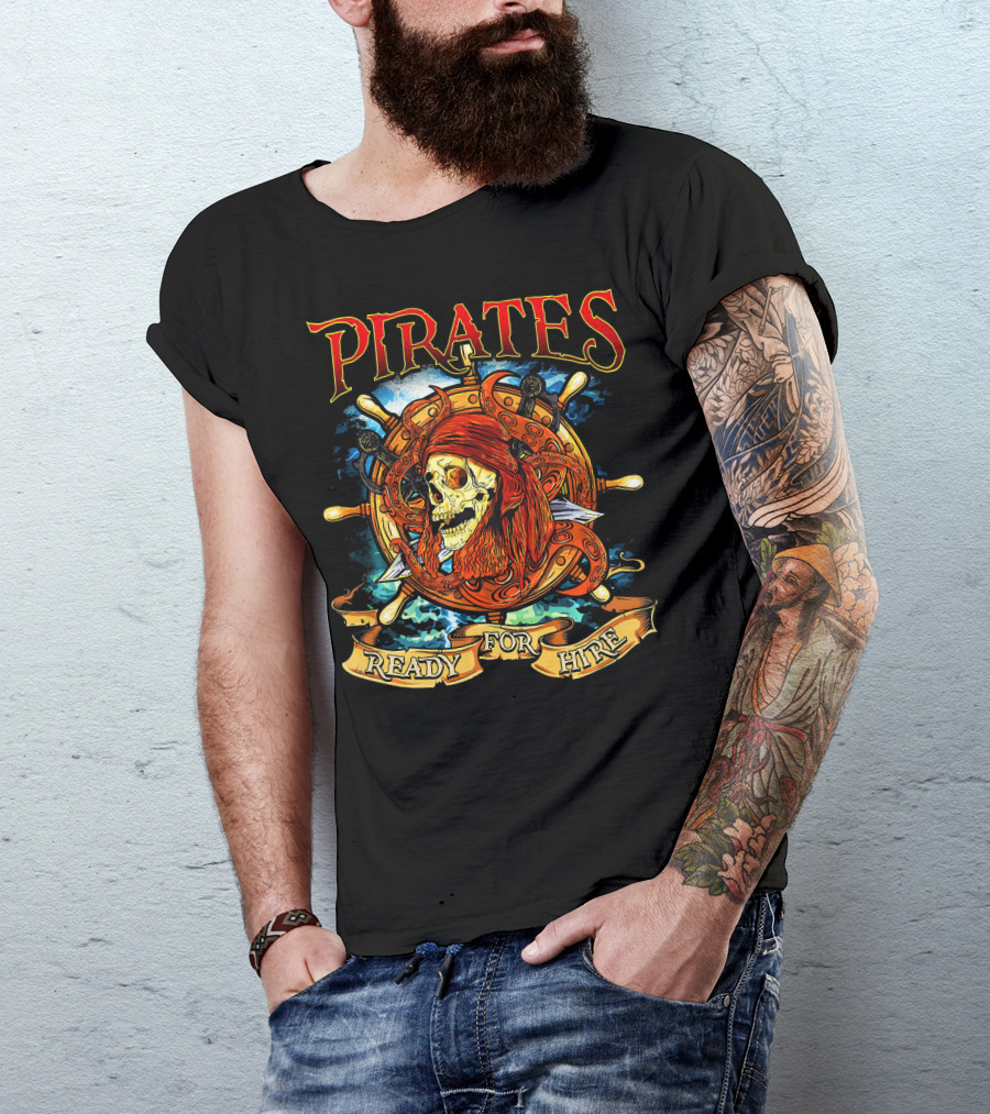 Pirates Ready For Hire Skull With Red Bandana Steering Wheel T-Shirt