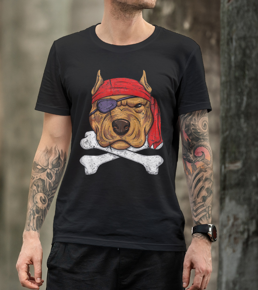 Vintage Pirate Dog Funny Puppy Crossbones Eyepatch Red Bandana T-Shirt
