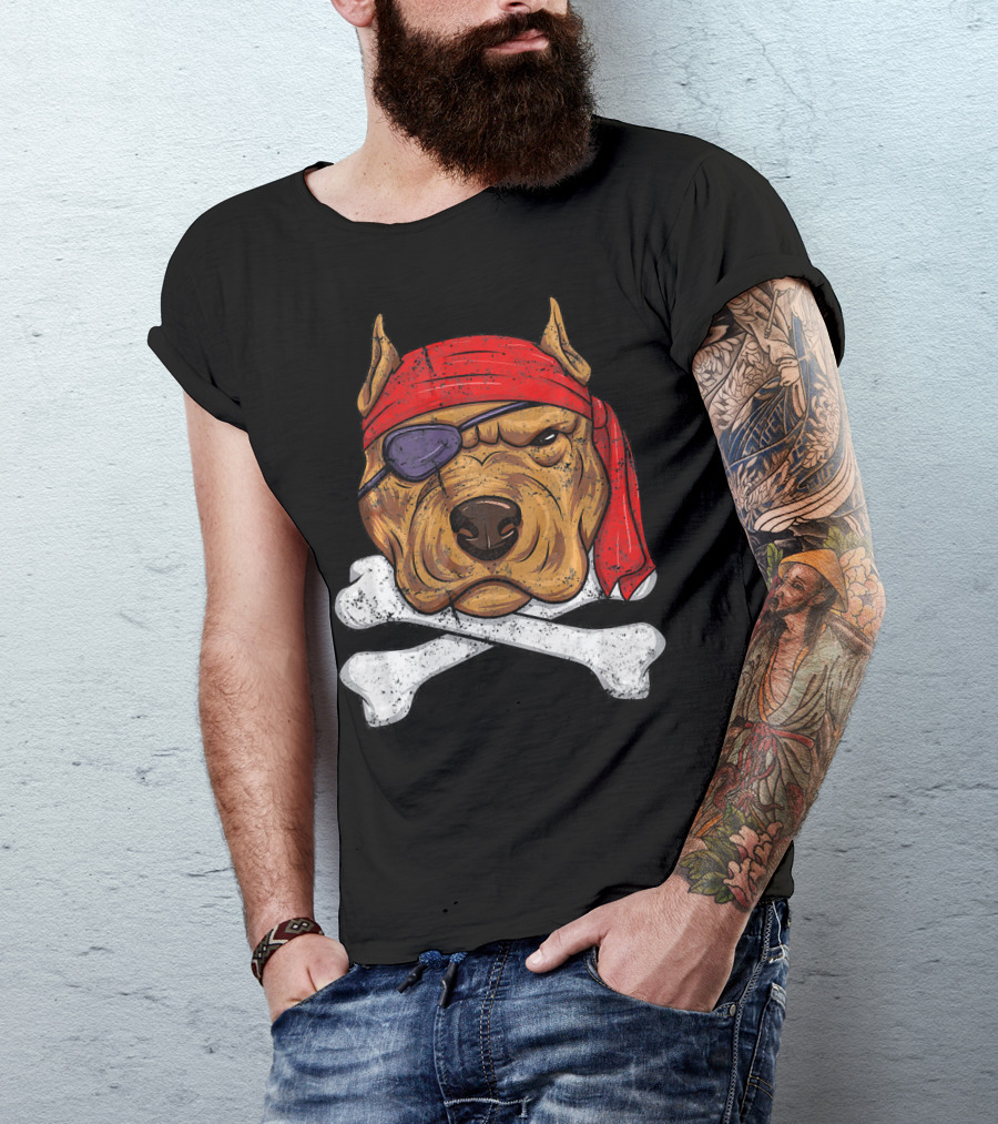 Vintage Pirate Dog Funny Puppy Crossbones Eyepatch Red Bandana T-Shirt