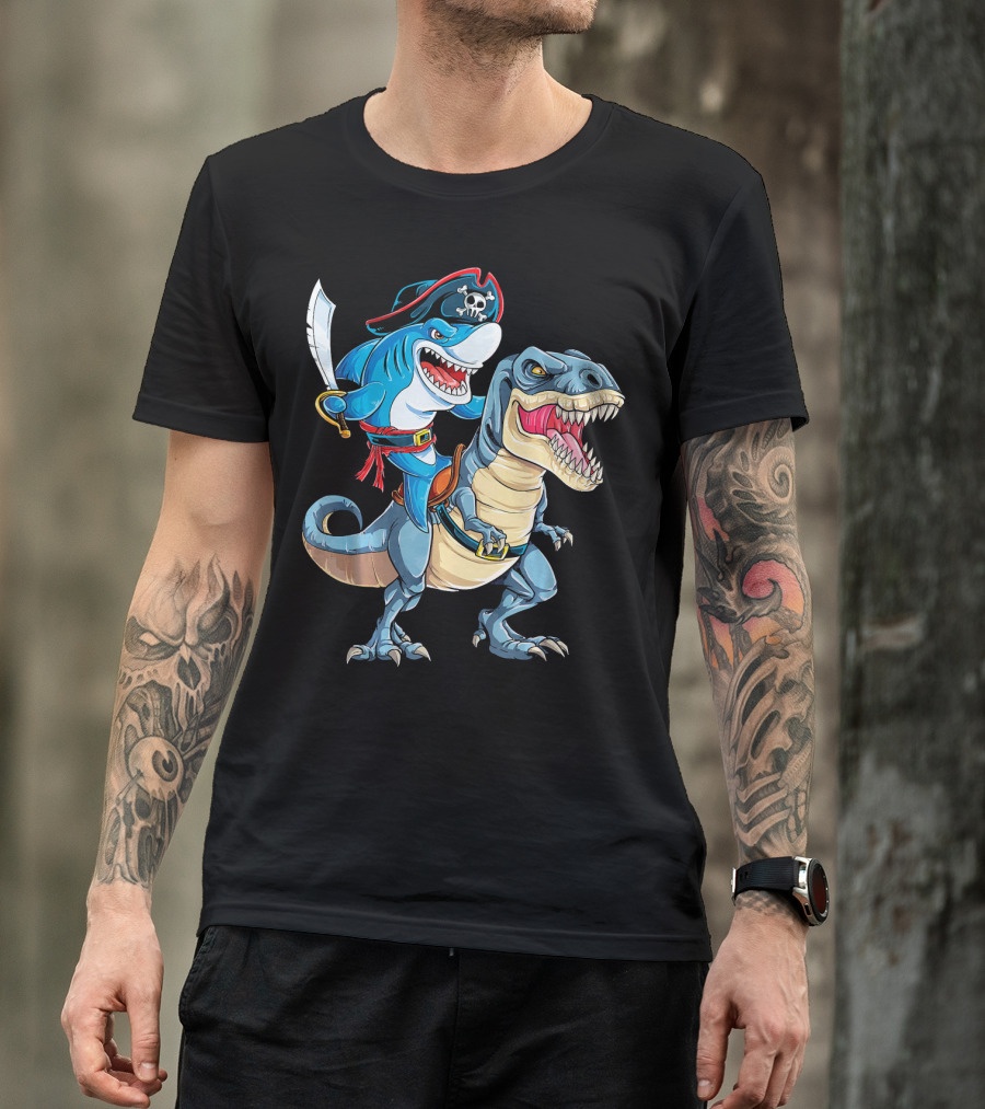 Pirate Shark Riding A Dinosaur T-Rex Jaws T-Shirt
