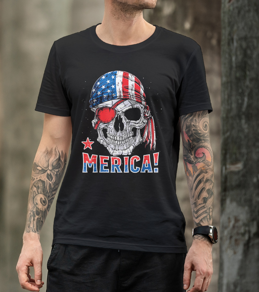 Merica Pirate Skull With American Flag Bandana And Red Eyepatch T-Shirt