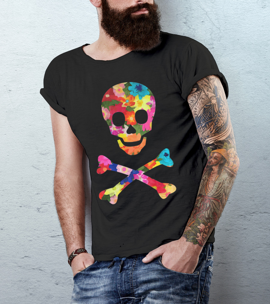 Flower Skull And Crossbones Funky Pirate Multicolor Floral T-Shirt