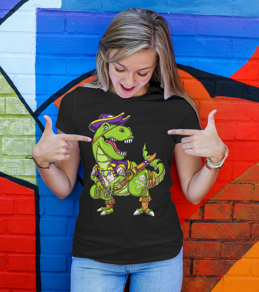 T Rex Dinosaur Pirate Captain With Hat And Hook In Green And Purple T-Shirt