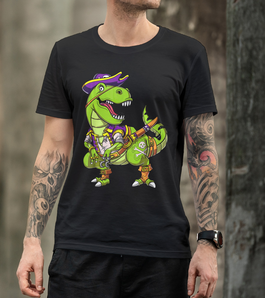 T Rex Dinosaur Pirate Captain With Hat And Hook In Green And Purple T-Shirt