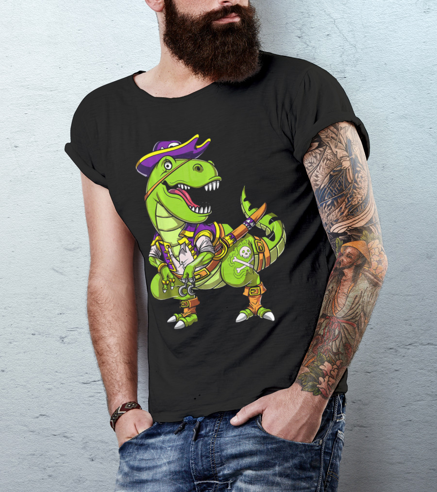 T Rex Dinosaur Pirate Captain With Hat And Hook In Green And Purple T-Shirt
