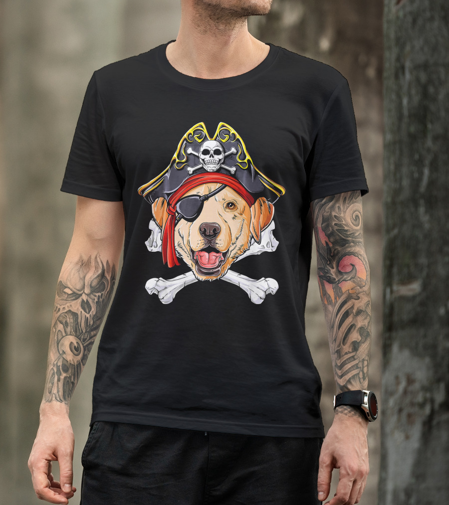 Labrador With Pirate Skull Hat And Crossbones T-Shirt