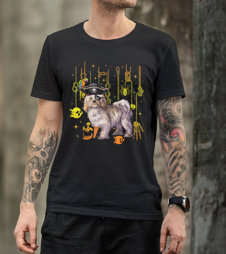 Havanese Pirate Halloween Dog With Parrot And Skulls T-Shirt