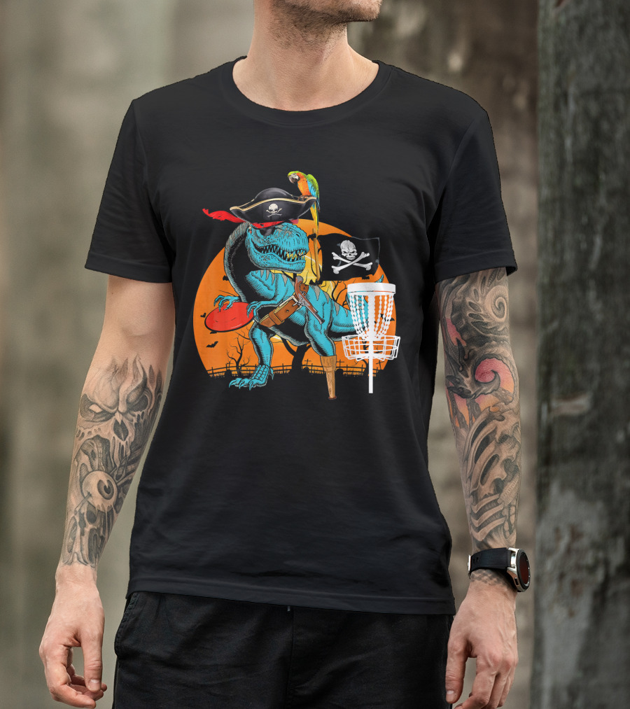 Jolly Roger Pirate Dinosaur Disc Golf Adventure T-Shirt