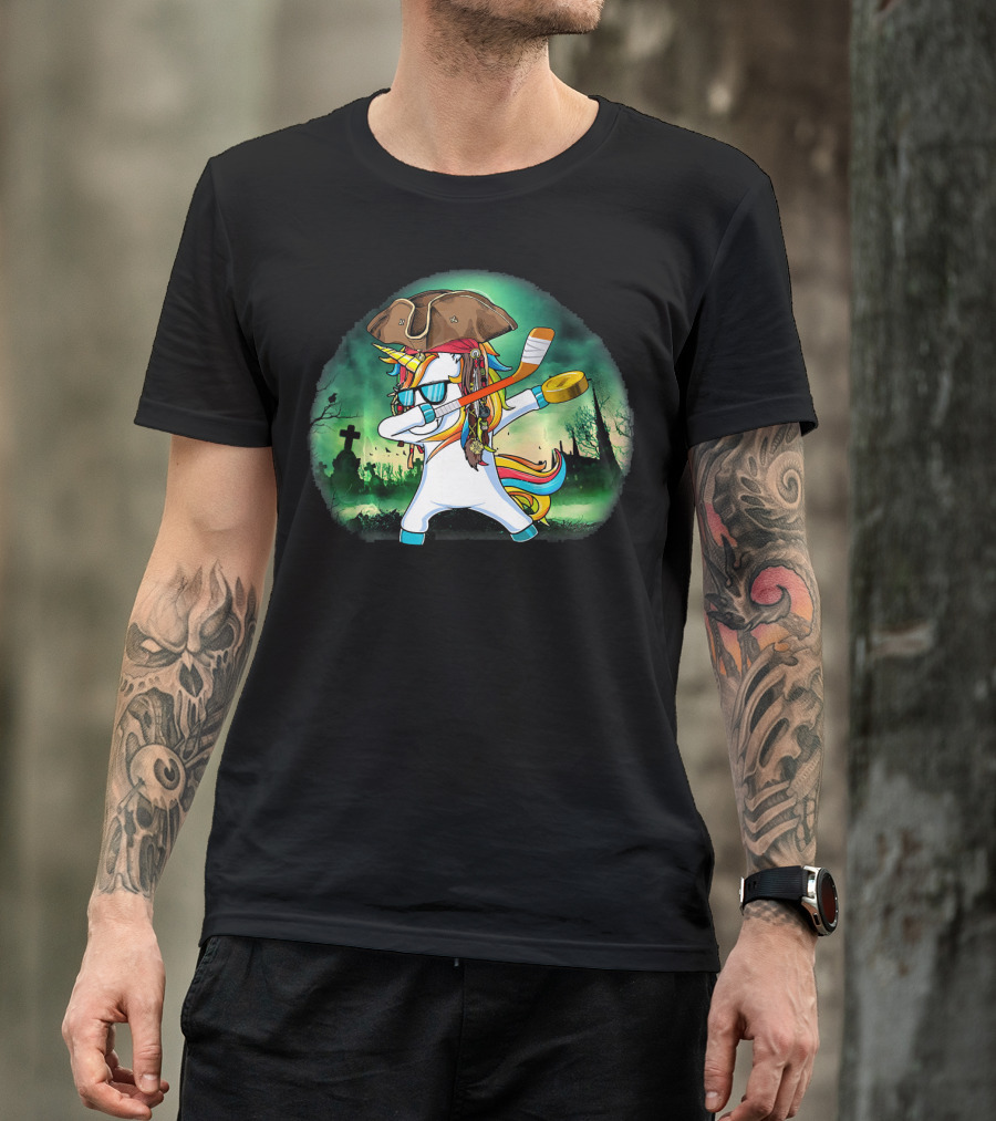 Dabbing Pirate Unicorn With Hockey Stick In Spooky Graveyard Scene T-Shirt
