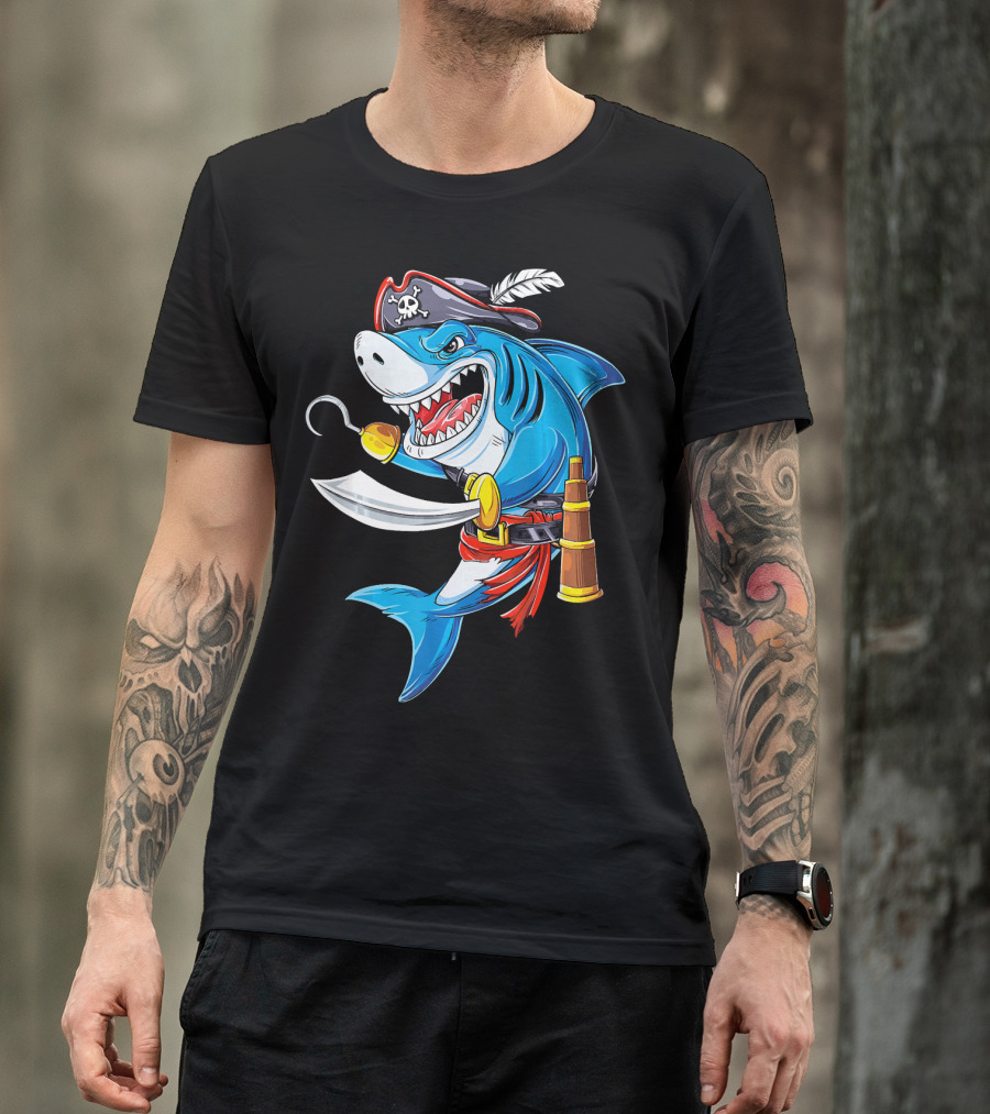 Shark Pirate Costume Jolly Roger Flag With Hook And Sword T-Shirt