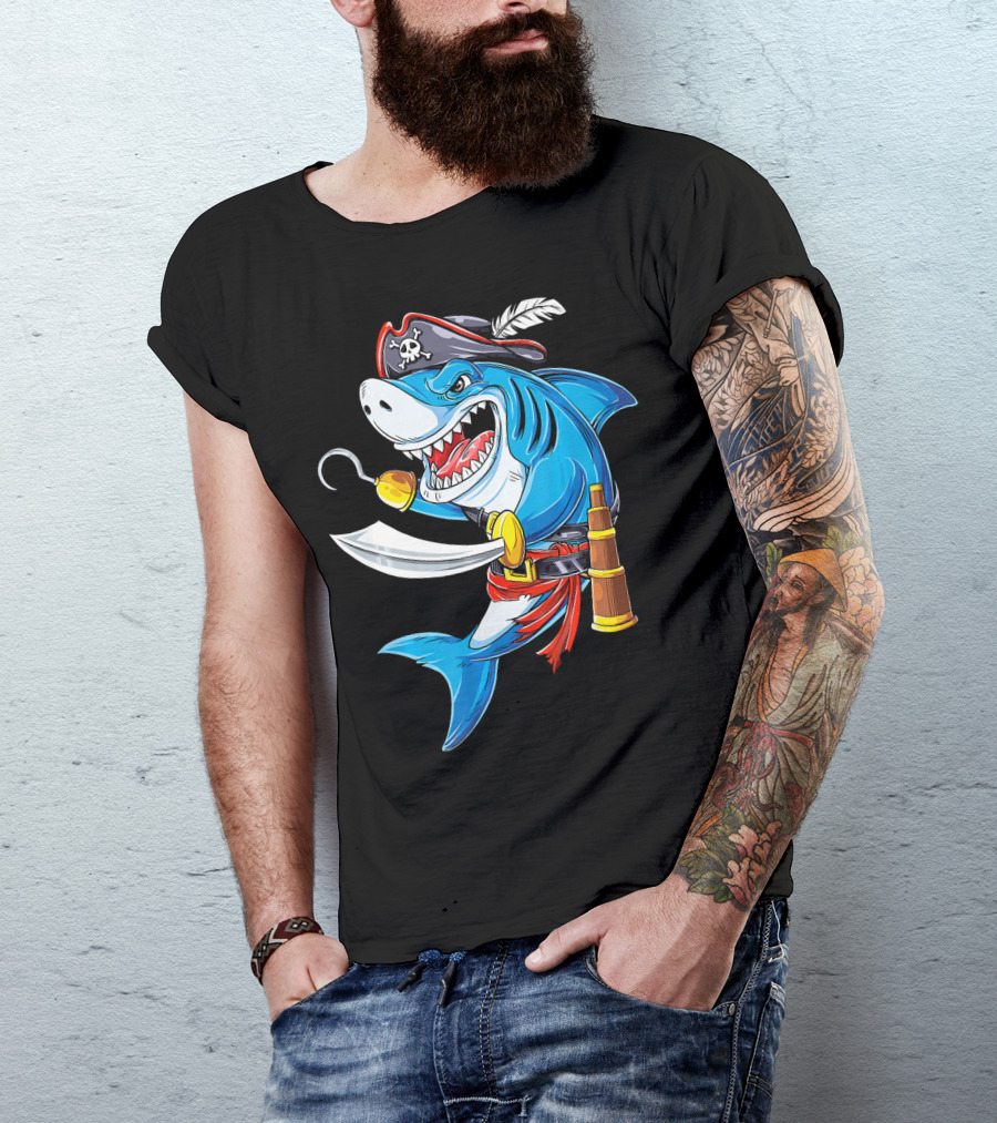 Shark Pirate Costume Jolly Roger Flag With Hook And Sword T-Shirt