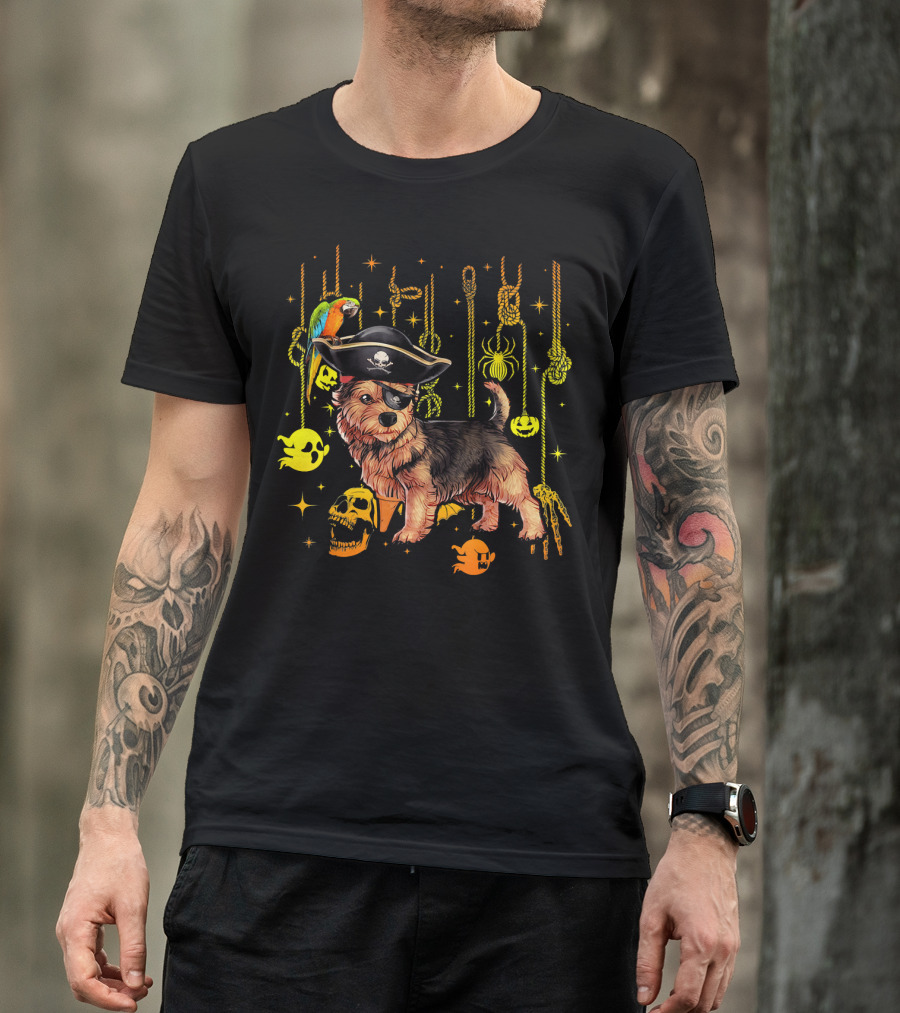Norwich Terrier Pirate With Halloween Ghosts And Skull T-Shirt