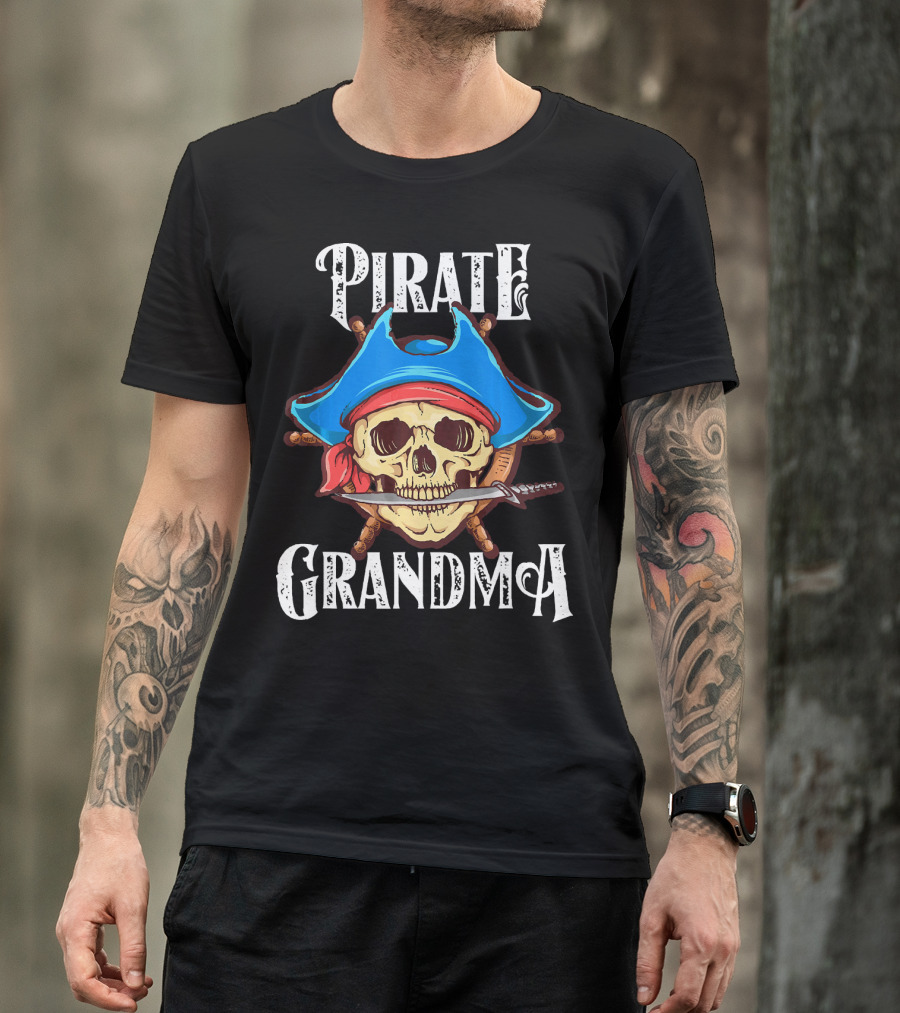 Pirate Grandma Skull With Blue Hat And Sword T-Shirt