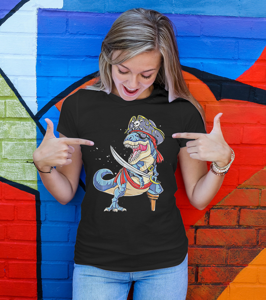 Pirate Dinosaur With Sword And Skull Hat T-Shirt